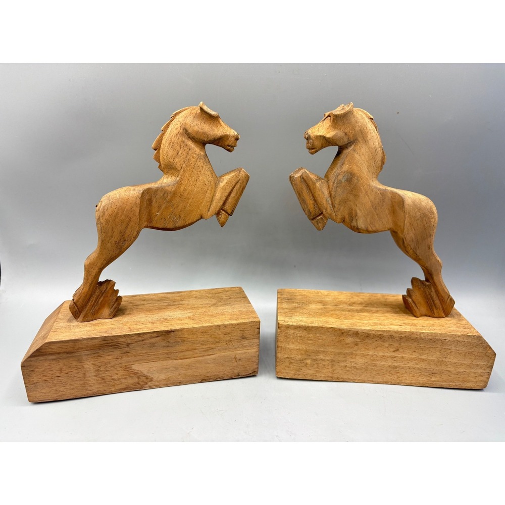 Vintage Hand‎ Carved Wooden Rearing Horse Bookends Mid Century Modern Decor Set